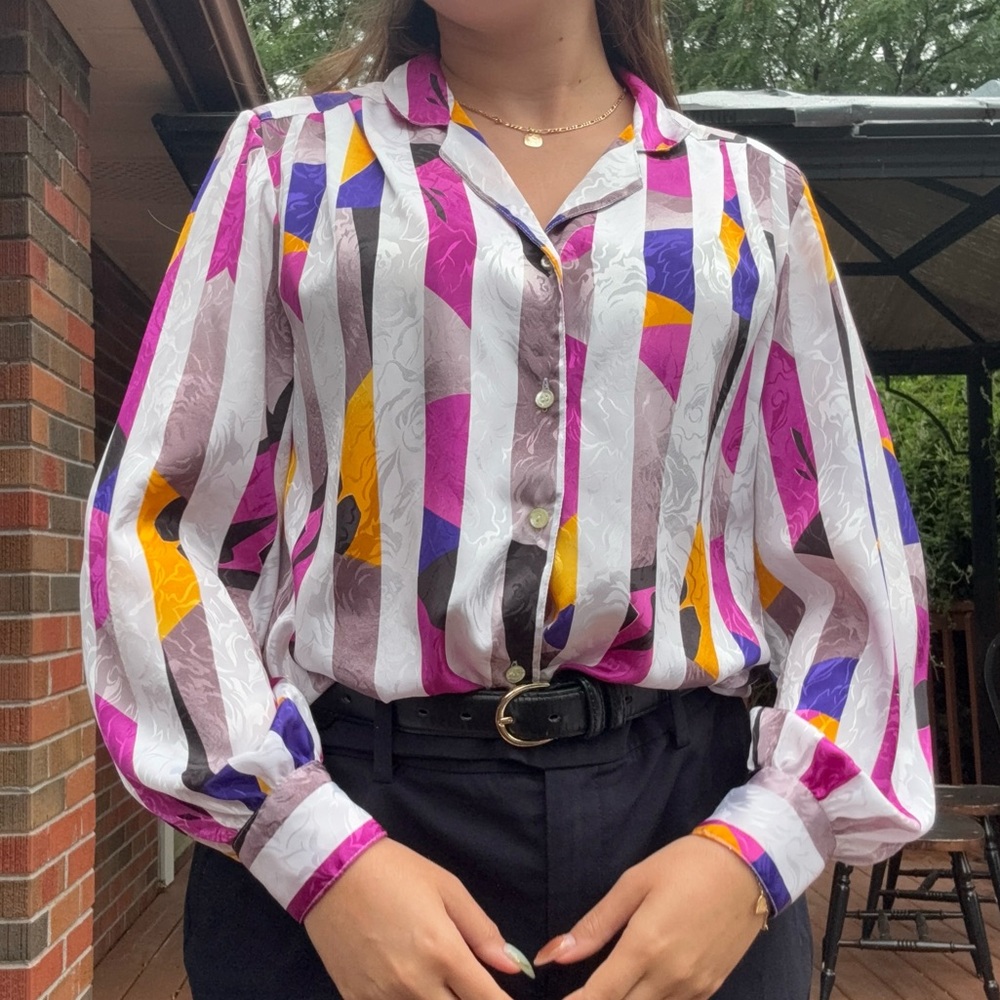 Vintage 1980s Mary Borean Fashions Geometric Blouse with Shoulder Pads